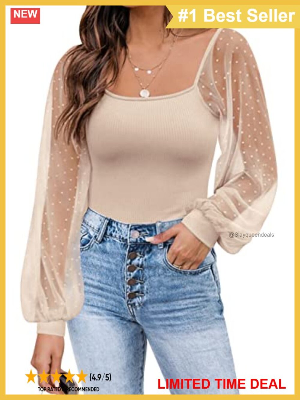 Mesh Long Sleeve Square Neck Puff Sleeve Blouse Casual Top